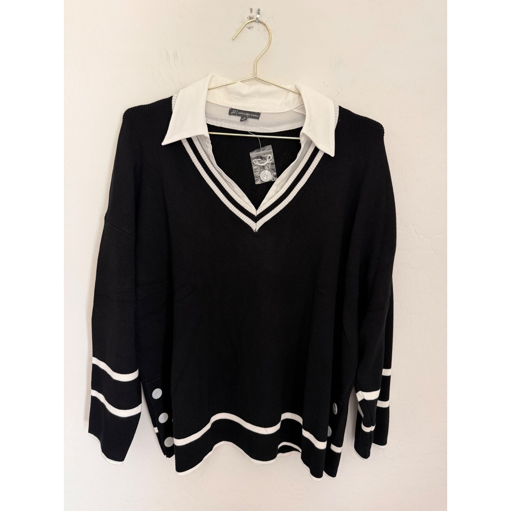 Adrianna Papell Black White Layered 2-in-1 V-Neck Sweater Top Plus Size 2X NWT